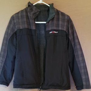 ZeroXPosur Reversable jacket/coat, Black w/brown, tan plaid design, Size Large